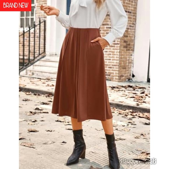 High Waisted Pleated Midi Skirt with Pockets, Flowy A-Line Design - Picture 4 of 8